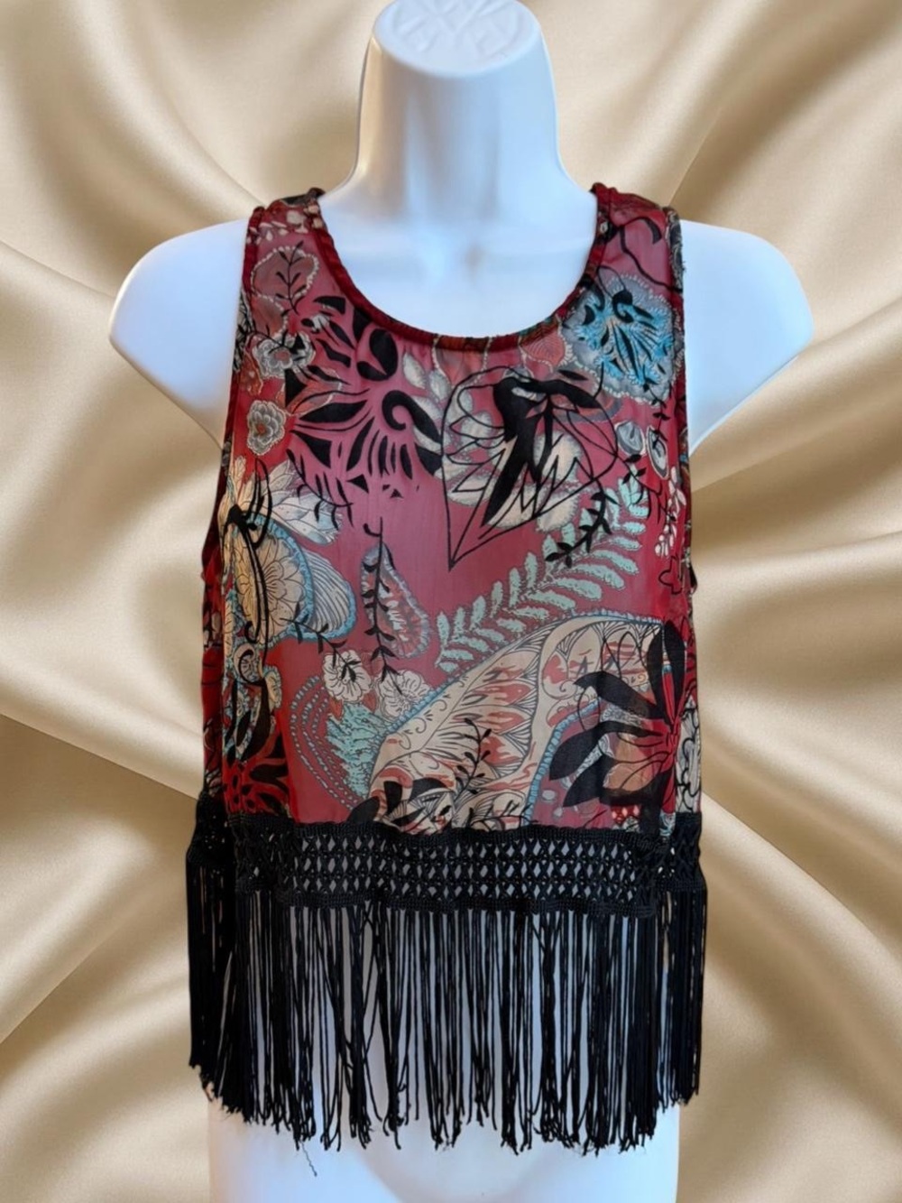Boho Floral Fringe Tank Top - Red